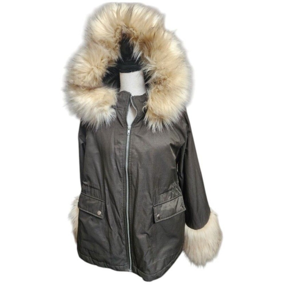 ASOS Parka Utility Coat Dark Green Size 8 Faux Fur Hood w/ Matching Cuffs